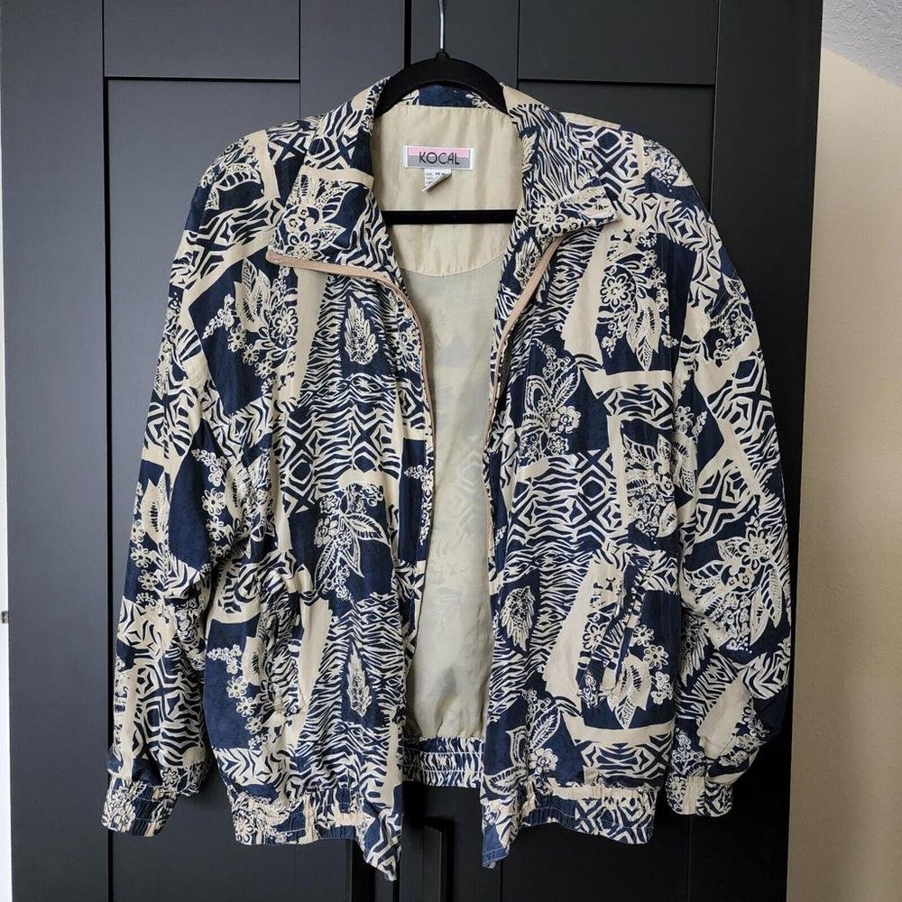 Kocal Vintage Abstract Blue Beige Art Pattern Collectible 100%Silk Bomber Jacket